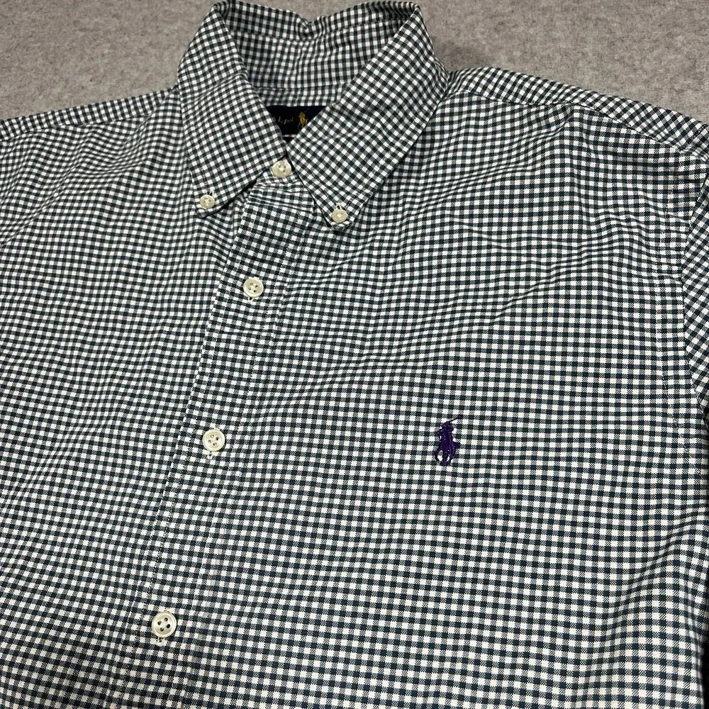 Polo Ralph Lauren Shirt Mens Medium Green Gingham Plaid Slim Fit Stretch Oxford